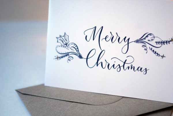 A6 Christmas card on white card with envelope made from recycled materials